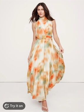Banana Republic High-Neck Maxi Dress in Orange & Green Watercolor